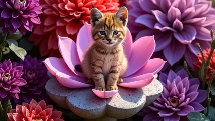 The kitten lay on a cluster of purple lotus flowers