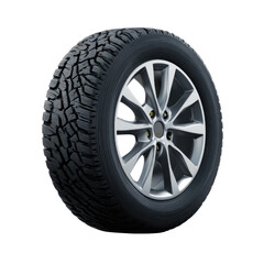Obraz premium Black rubber tire with silver alloy wheel and detailed tread pattern image, Isolated On White, Png Transparent, Cut Out