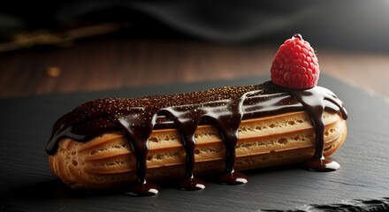 Delicious chocolate eclair with raspberry topping