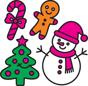 Christmas character illustration set. Snowman, gingerbread and holiday elements in cute cartoon style. Vector illustration.