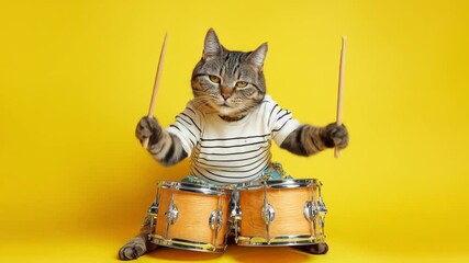 Whiskered cat in striped shirt drums energetically on a wooden drum set before a yellow backdrop...!