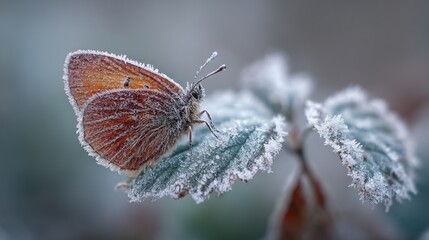 immobilized. Frost-covered leaf with immobilized butterfly and delicate ice crystals on a winter morning. wildlife magazines, conservation campaigns, designed for eco-tourism storytelling.