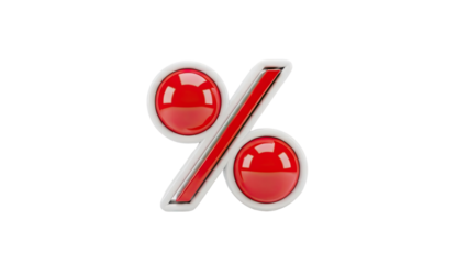 3D Red Percent Symbol with Glossy Balls and White Outline on transparent background