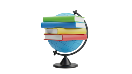 3D Stack of Colorful Books on a Globe on transparent background