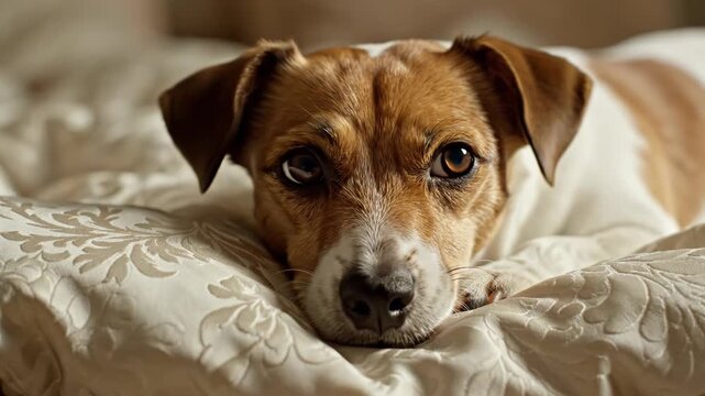 Sleeping dog on a comfortable bed with white sheets and blanket