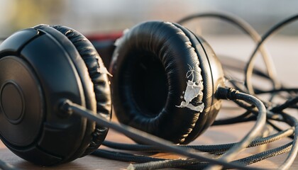 Used headphones with peeling ear pads and tangled cable, showing realistic wear and tear, close-up product detail conveying aging electronics, damage, and everyday usage concept.