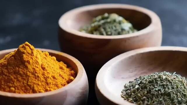 A close-up shot of three wooden bowls filled with vibrant yellow turmeric powder, dried green herbs, and other aromatic spices on a dark background