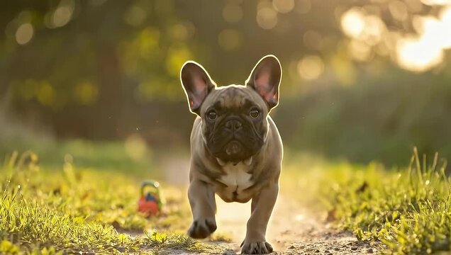 Energetic French Bulldog Puppy Running Towards Camera in Sunny Outdoor Setting