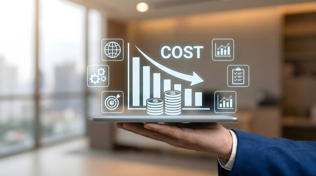 Hand holding tablet with cost reduction graph and downward arrow,concept of cutting business expenses,financial budget crisis management,economic recession strategy,saving money plan.