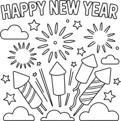 Happy New Year line illustration. Fireworks and celebration elements in outline style. Vector illustration. © Abdul  Rehman