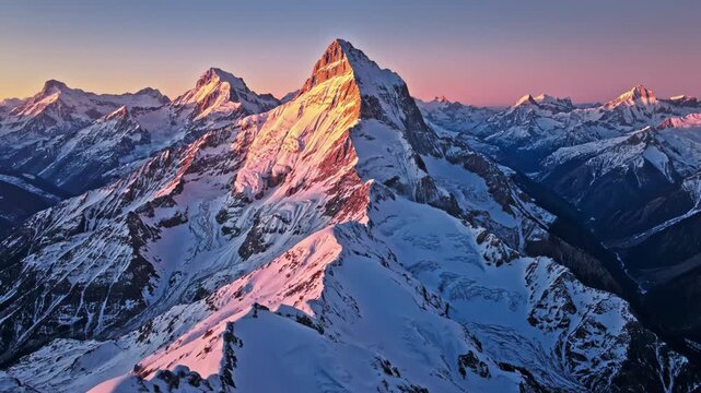 Snowy mountain peak illuminated by sunrise or sunset in the himalayas or andes mountains range with rugged landscape