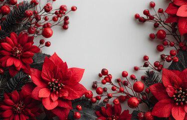 Christmas decoration. Frame of flowers of red poinsettia, branch christmas tree, red berries on white background with space for text. Top view, flat lay