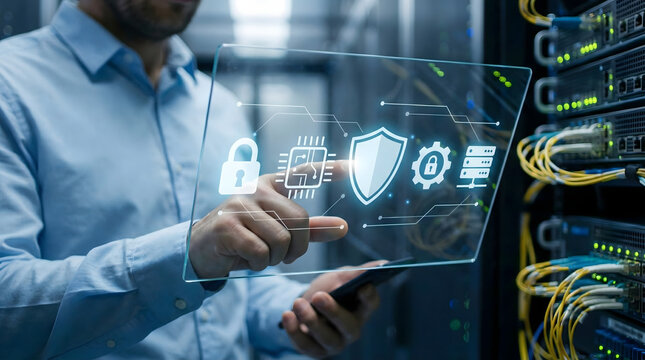 IT administrator holding glass tablet with shield and padlock icons in data center,representing network security,cyber defense,data privacy protection,and firewall system configurations.