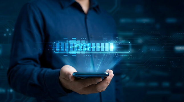 Man holding smartphone with glowing blue loading progress bar,depicting fast internet speed,software update installation,file download completion,and digital data transfer technology.
