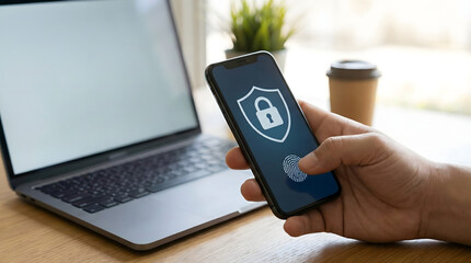 Smartphone security concept with shield icon on screen,person holding mobile phone,ensuring data privacy,protection against cyber attacks,safe online authentication method.