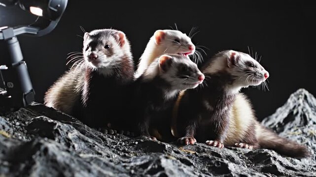Captivating Close-Up of Playful Ferrets Grouped Together on Rocky Terrain in Dark Setting