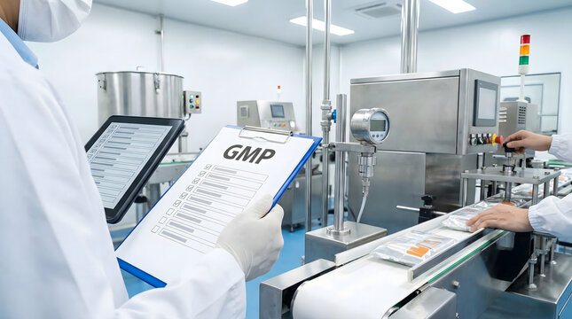 Inspector holding clipboard with GMP text in factory,checking good manufacturing practice standards,ensuring quality control,safety compliance,industrial hygiene rules.