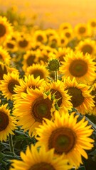 Fototapeta premium Golden field of sunflowers bathed in warm, early morning sunlight