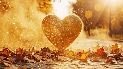 Heart Object Falls on Autumn Leaves in Romantic Outdoor Setting