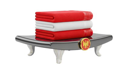 3D Stack of folded red and white towels on a golden eagle crest pedestal on transparent background
