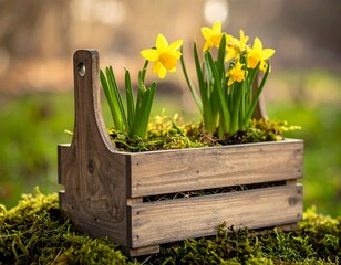 A wooden crate filled with vibrant yellow flowers and lush green moss. It's set outdoors on more moss, with blurred background