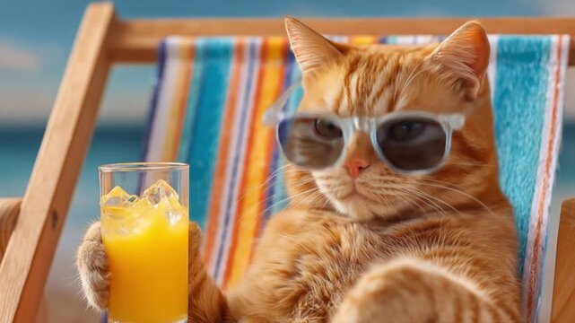 Relaxed orange cat in sunglasses reclines on a striped beach chair sipping orange juice. Sunny day
