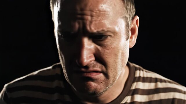 A man with a sad expression on his face in the dark