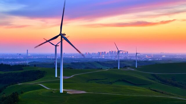 aerial panoramic view of wind turbines farm generating clean energy on a rolling green hill under a vibrant sunset sky with city background