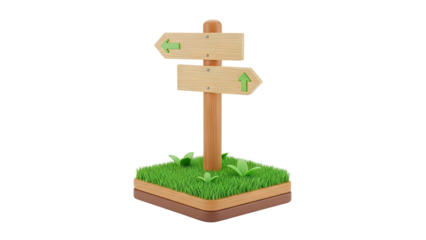 3D Wooden signpost with arrows and grass on transparent background