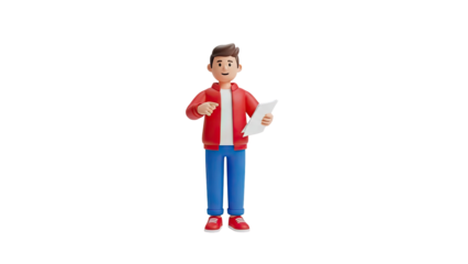 3D Cartoon Man Holding Paper and Pointing on transparent background