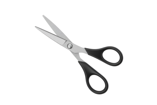 Open metal scissors with black handles isolated on transparent background - Powered by Adobe