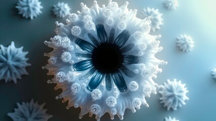 Minimalist art scene with mechanical eye crystal structure