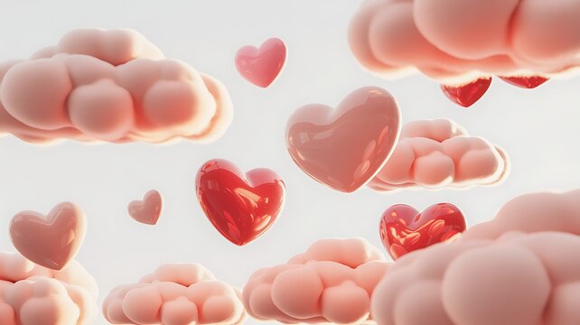 Whimsical heart shaped clouds floating in white sky