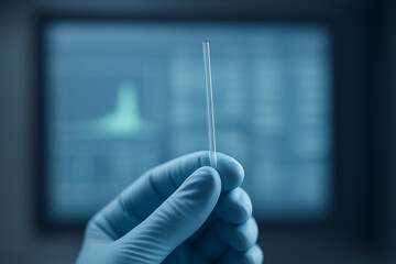 Laboratory technician hand in blue glove holding a glass capillary tube in front of a data screen