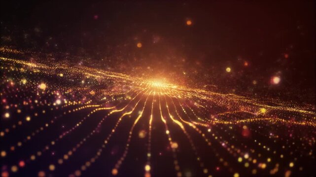 Vibrant particles radiating from a central light source in a dark environment viewed from a frontal perspective