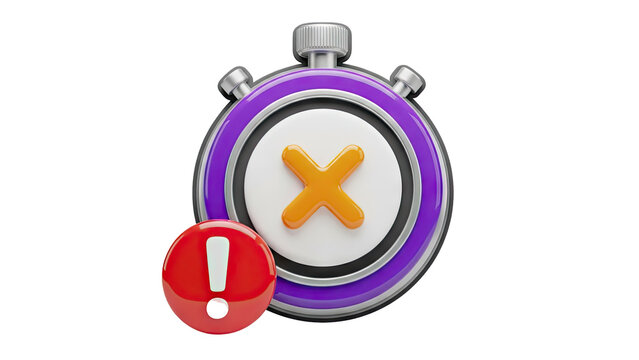 3D Stopwatch with X mark and exclamation mark icons on transparent background
