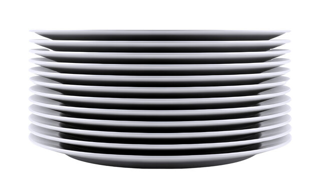 Stack of white ceramic plates on white background isolated on transparent background
