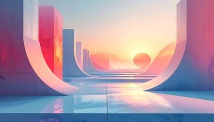Modern abstract geometric scene with a pastel sunset and architectural forms