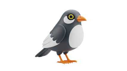 3D Cute cartoon bird with dark gray and white feathers on transparent background