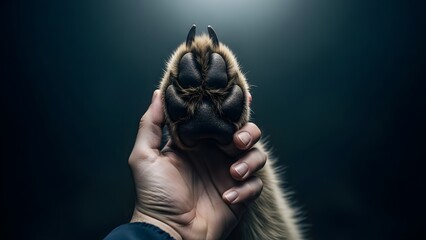 Dog paw and human hand intertwined against a dark background
