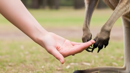 Human hand interacting with kangaroo paw outdoors on a sunny day