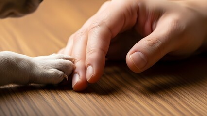 Dog paw touching human hand on wooden surface close up symbol of trust
