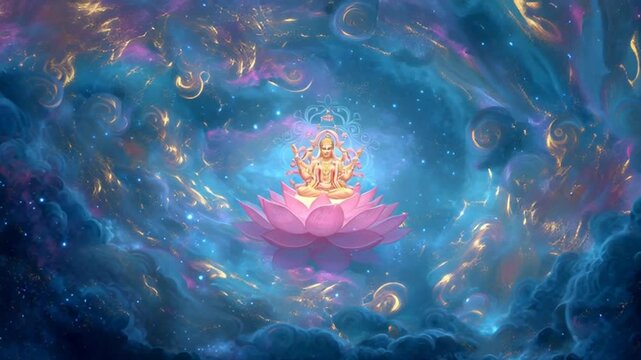 Goddess Lakshmi lotus blooms in cosmic swirl