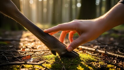 Human hand touching deer hoof in sunlit forest close up nature scene