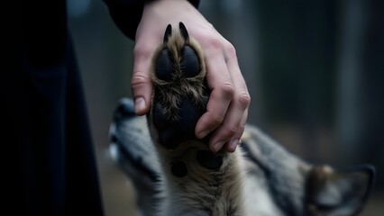Human hand touching dog paw close up in outdoor setting