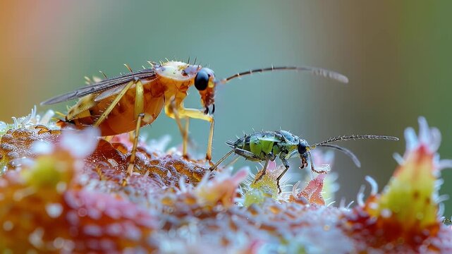 Detailed macro shot showcasing two tiny insects interacting on a vibrant floral surface