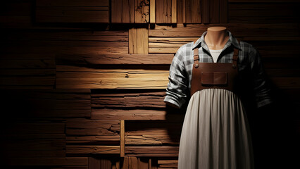 Mannequin wearing rustic apron and plaid shirt in wooden workshop