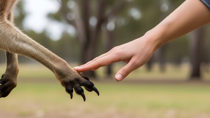 Obraz premium Human hand touching kangaroo paw close up on grassy field background