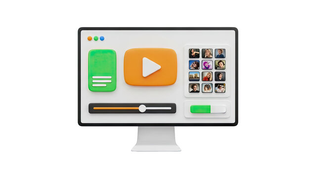 3D render of a media player interface on a monitor screen on transparent background
