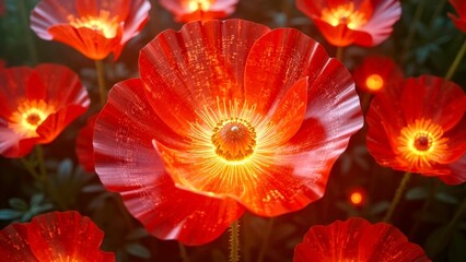 Red poppy glowing cluster art painting
